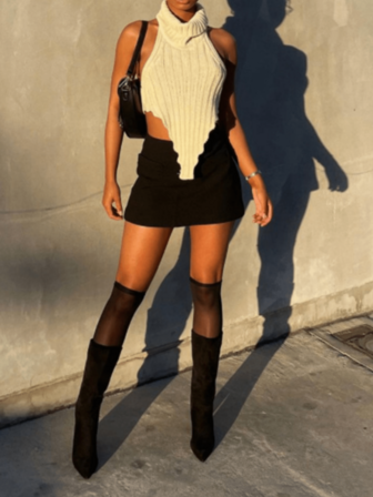 Women's Summer Solid Color High Neck Asymmetrical Hem Sleeveless Sexy Knit Blouse