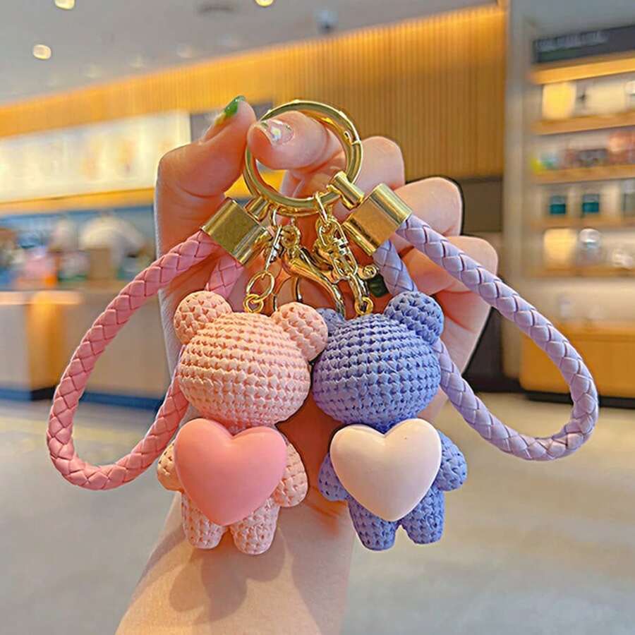 1 Stück Kreative Damen Rosa Herz Harz geformter Teddybär Schlüsselanhänger, zarter süßer Cartoon Auto Schlüsselanhänger Handtasche Anhänger für den täglichen Gebrauch oder als Paar-Geschenk, Schul- und Auto-Accessoires, Goth Y2k Weihnachten - Verschiedenfarbig - Übersicht 1