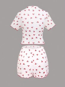 1set Women's Cute And Cozy Digital Cherry Printed Pajama Set With Shorts White Set