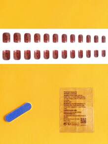 Nâng cấp phong cách của bạn, 24 chiếc móng tay nhân tạo hình vuông ngắn màu nâu cà phê đơn giản Thiết kế lá phong thanh lịch Chrome siêu bóng phủ toàn bộ đầu móng tay nhân tạo, thích hợp cho trang phục hàng ngày mùa thu đông - Cà phê nâu - Xem 2