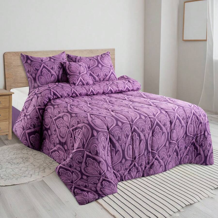 5-Piece Comforter Set – Lux Decor Collection – Lightweight Microfiber With Plush Texture – Opulent Design – All-Season Warmth – Elegant Bedding With Pillow Shams & Bed Skirt – Cozy Comforter, Elegant Bedding Set, Luxury Bedroom Essentials, Valentine's Day Romantic Bedroom, Spring Bedding Set, Complete Bed In A Bag, Matching Decor, Elegant Design, Luxury Look, Gift Set Idea, Guest Bedroom Ready, Modern Bedroom Style, Easy Bedroom Refresh, All-Inclusive Bedding, Daily Living, Home Comfort, Family Choice - Màu tím nhạt - Xem 1