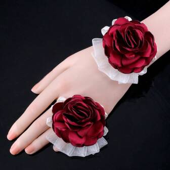 腕花 + 胸花，2 件套，新郎勃艮第丝绸胸花，新娘/伴娘仿腕花，伴郎翻领别针，适用于毕业典礼、婚礼、派对