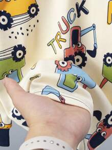 2 件套年轻男孩卡通印花长袖睡衣套装，睡衣套装 - 米色 - 查看 5