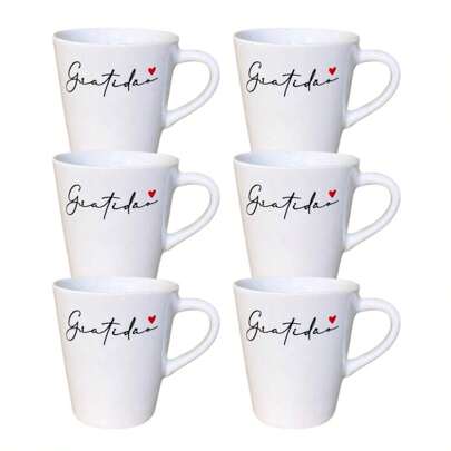 Kit 6 Xícaras Brancas de Gratidão Moderna 120ml,