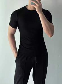 Camiseta canelada masculina estilo Americano .MODELO AJUSTE FINO