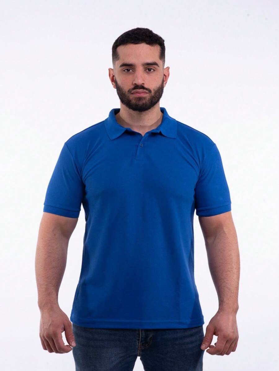 Men's Casual Piquet Polo Collar Shirt 2 Buttons Plain Without Pocket - 寶藍色 - 查看 1