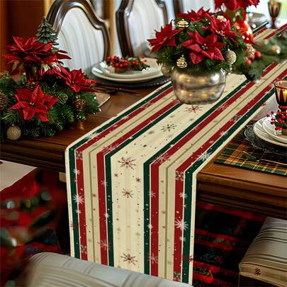 قطعة واحدة ستارة طاولة عيد الميلاد المجيد, ورق حائط بنمط رقائق الثلج والصنوبر, ورق حائط أجواء عيد الميلاد, ورق حائط زخرفي للسطح المكتبي للعطلات, ديكور المنزل، زينة عيد الميلاد، هدايا