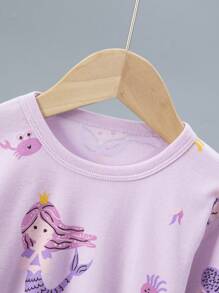 4pcs Young Girls Cartoon Cat Printed Long Sleeve Pajamas Set, Long Pants Sleepwear Mermaid & Rainbow Print