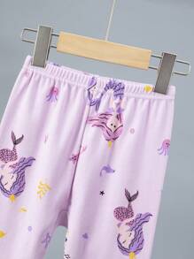 4pcs Young Girls Cartoon Cat Printed Long Sleeve Pajamas Set, Long Pants Sleepwear Mermaid & Rainbow Print