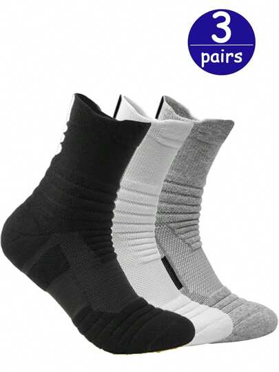 3pairs Men's Mid-Calf Sport Breathable Thickened Socks, For Gym, Fall