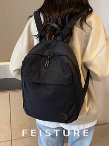 1 件纯色面料，双洗尼龙，轻便，宽敞的旅行背包，简约设计，适合大学生 - 黑色 - 查看 7