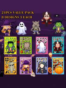 8/24 szt. Halloween naklejki rzemieślnicze upominki na przyjęcie naklejki na twarz czarownica wampir samoprzylepne naklejki DIY na Halloween dla dzieci, naklejki z grami imprezowymi, upominki na przyjęcie dla dzieci, rękodzieło