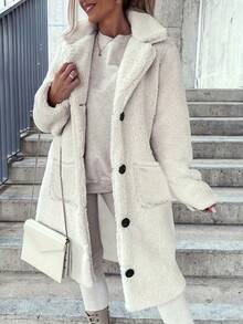 Long Sleeve Lapel Solid Color Plush Top Long Coat - Apricot - View 4