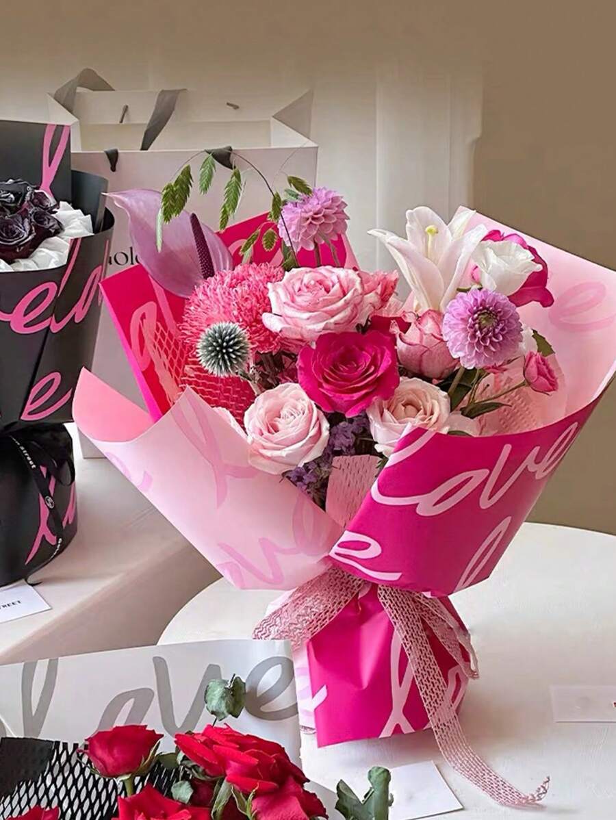 1 Gói 20 Tờ Giấy Bọc Chống Thấm Dày Cho Bó Hoa "LOVE", Vật Liệu Gói Hoa Cho Shop Hoa - màu hồng nhạt - Xem 1