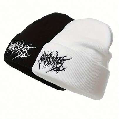 1pc/2pcs Gothic Style Men Scar Embroidery Knit Beanie, Women Fashion Street Ski Hat, Warm Versatile Windproof Loose Outdoor Cycling Oversized Cap, All Season Pom Pom Hat, New Year Warm Knit Hat, Suitable For Christmas, Halloween, New Year Holiday Parties. Gothic Knit Hat Is An Excellent Holiday Gift For Friends, Family And Colleagues.
