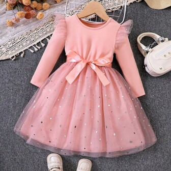 Young Girl Spring/Autumn Star & Mesh Contrast Long Sleeve Princess Dress