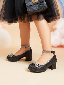 Girls Dress Shoes Low Heel Rhinestones Ankle Strap Princess  Shoes Bow Flower Party Wedding School Pump For Toddler Little Big Kid - 黑色 - 查看 3