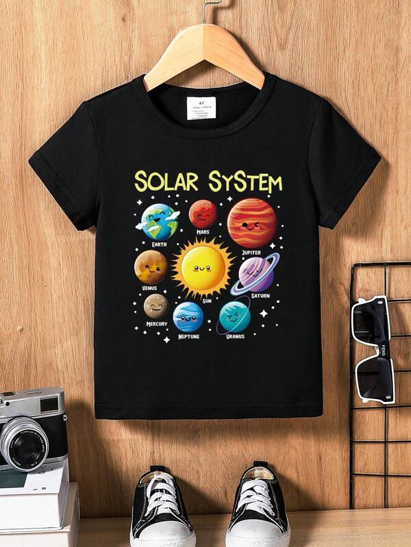 Young Boy Simple Letter & Cartoon Planet Graphic Print Short Sleeve T-Shirt, Suitable For Spring/Summer