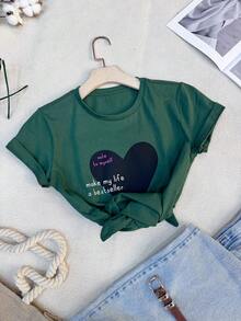 Cotton T-Shirt CORACAO GRANDE Make My Life - Màu xanh lá cây đậm - Xem 2