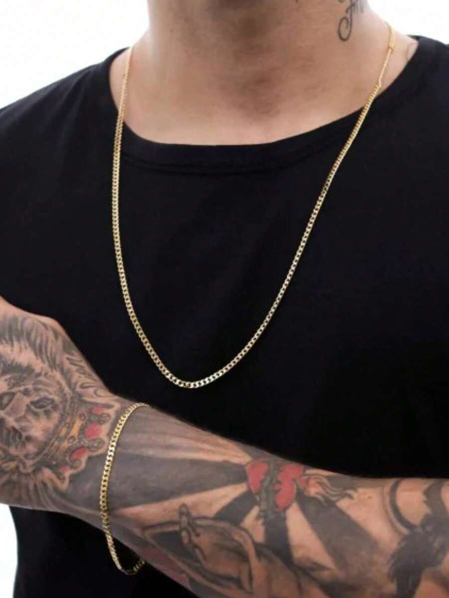 2-Piece Jewelry Kit Grumet Chain Set Necklace And Bracelet Men's Fashion Gold Plated 316L Stainless Steel 2.0 Mm - Bạc - Xem 1