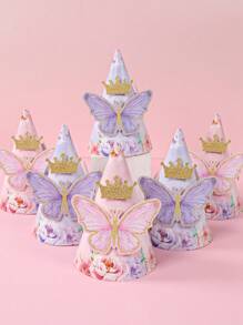 6 قبعات حفلة ورقية بتصميم الفراشة الوردية لتزيين ارتداء حفلات أعياد الميلاد وحفلات المناسبات، قبعات حفلة ولقطات الحفلات، هدايا أعياد الميلاد، مع ملصقات فراشة زخرفية للصنع اليدوي والترفيه