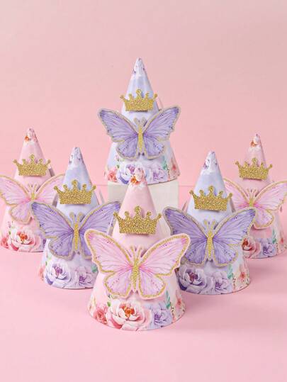 6 件粉色蝴蝶主题纸质派对 DIY 帽子，蝴蝶生日节日派对帽子派对照片道具生日礼物生日帽子，DIY 蝴蝶帽配蝴蝶装饰贴纸派对休闲手工艺品