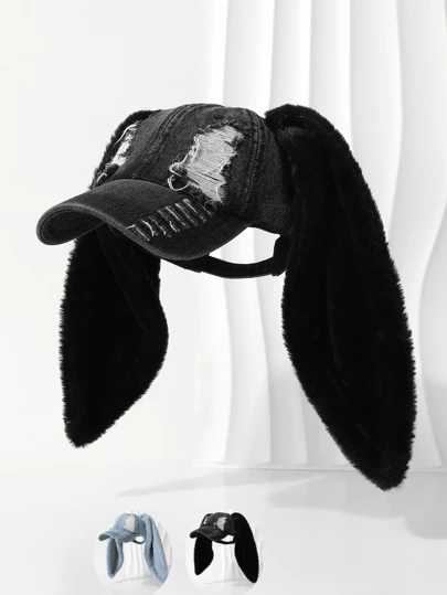 1pc Baseball Cap, Blue Baseball Cap With Plush Long Earflaps, Cute Washed Cap, Black Washed Distressed Baseball Cap With Plush Long Earflaps, Suitable For Stage Performance And Holidays Winter Fall