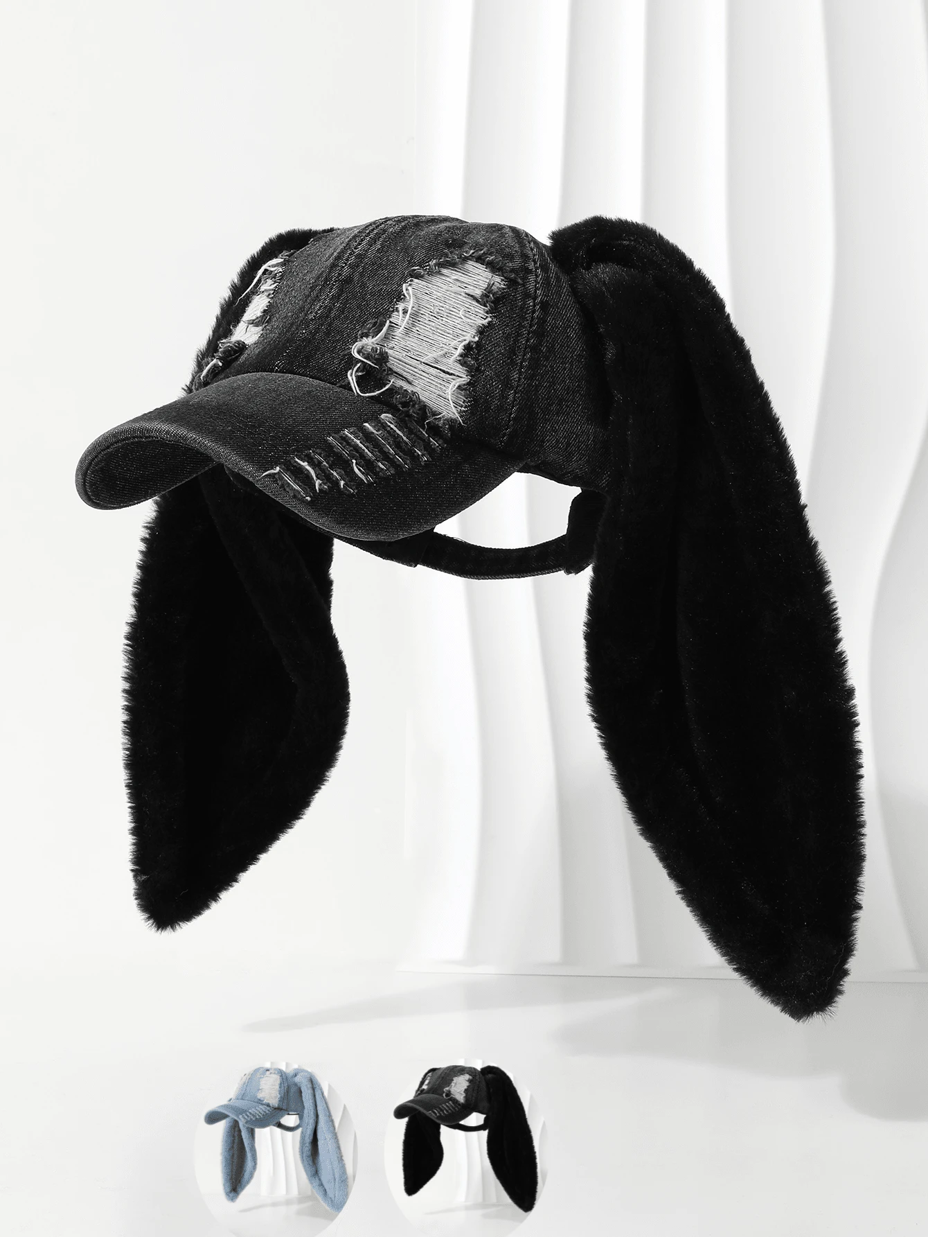 1 gorra de béisbol, gorra de béisbol azul con orejeras largas de felpa, linda gorra lavada, gorra de béisbol desgastada lavada negra con orejeras largas de felpa, adecuada para presentaciones en el escenario y vacaciones de invierno y otoño