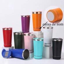 Copo térmico inox com tampa abridor e caixa de som com bluetooth Led 420ML - Multicolorido - Visão 2