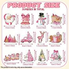 24 piezas, diseños navideños rosas, Papá Noel, animales, pino perenne, muñeco de nieve, reno, hombre de jengibre, campana, adornos navideños colgantes de madera para árbol, decoración de jardín y suministros, decoración de fiesta, suministros navideños, decoración de jardín (con cuerda), Navidad