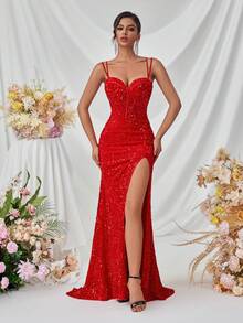 ADYCE Femei cu paiete cu bretele spaghete cu fantă în față, fără spate, rochie maxi formală, rochie de seară de petrecere, rochie de bal elegantă, pentru invitat la nuntă, absolvire, cină - roșu - Vizualizare 4