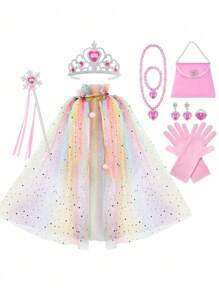 11PCS Princess Cape Set, Princess Dress Up Cloak With Crown, Wand, Jewelry, And Bag, Princess Dress Up Clothes For Little Girls, Princess Cape For 3+ Years Old Festival Birthday Gifts