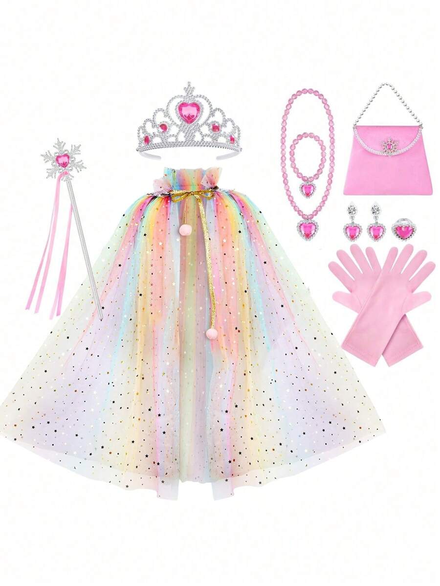 11PCS Princess Cape Set, Princess Dress Up Cloak With Crown, Wand, Jewelry, And Bag, Princess Dress Up Clothes For Little Girls, Princess Cape For 3+ Years Old Festival Birthday Gifts