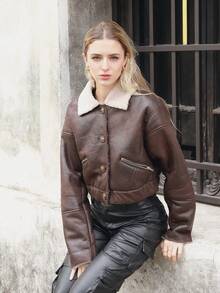 RELISH NOLESS Women's Lapel Button Jacket With Faux Fur Lining And Teddy Fleece Interior - Coffee Brown - View 4