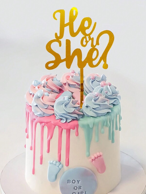 Decoración de tarta para fiesta de revelación de género de acrílico dorado