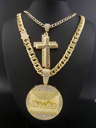 1 Piece 14K Gold Plated Hip Hop Punk Style Round Medallion Last Supper Pendant With  Chain Cross Charm With  Style Chain  Jewelry