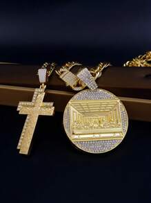 1 pieza Dije con colgante de la Última Cena en estilo medallón redondo chapado en oro de 14K, con cadena de estilo cruz - Dorado - Ver 3