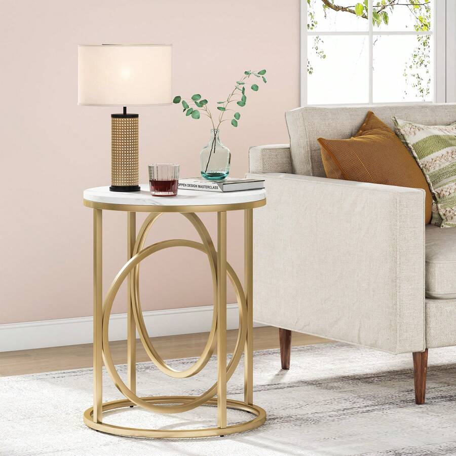 Tribesigns Modern Circular End Table, 20" Side Table Coffee Stand, Cocktail Table With Distinctive Gold O-Shaped Base, Midcentury Decorative Table Nightstand For Living Room Bedroom - White & Gold - View 1