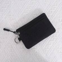 1 Pc Canvas Mini Coin Wallet Bag Solid Color Zipper Key Bag Money Pocket Purse Women Men Small Card Holder Change Coin Purses Money Case Wallet With Coin Purse - Black - View 3