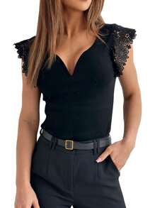 Women's Sexy Sleeveless Summer T-Shirt, Deep V-Neck, Solid Color Casual Top, Decorative Lace Blouse - màu đen - Xem 4