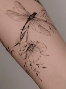 1pc Washable Temporary Tattoo Sticker, PVC Dragonfly & Floral Pattern, Waterproof & Sweat Proof, Suitable For Daily Use By Followers - Black - View 3