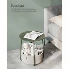 VASAGLE Small Round Side End Table, Modern Nightstand With Fabric Basket - xanh quân đội - Xem 5