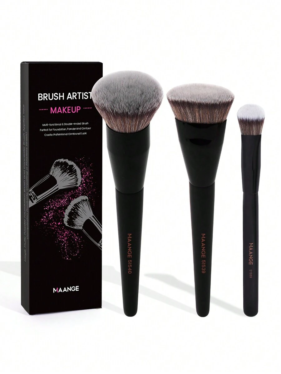 MAANGE 3pcs Soft Makeup Brush, Protable Smudge Cosmetic Brush Makeup Brush With Foundation Brush Blush Brush Loose Powder Brush Contour Brush Highlighter Brush Makeup Tools Gift For Women & Girl Travel Makeup Brush - 黑色 - 查看 1