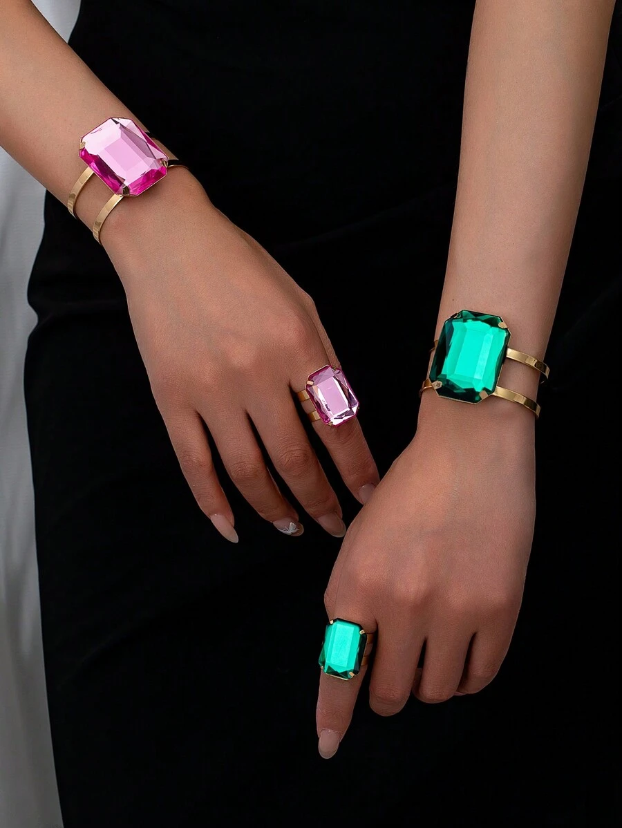 Anillos y pulseras con forma de cuadrados multicolores de cristales exagerados, estilo de moda para uso diario, oficina, fiesta, boda, vacaciones, regalo - pedrería - Ver 1