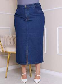 Denim Midi Skirt With Front Slit High Waist Modern Plus Size - 深色水洗藍 - 查看 5