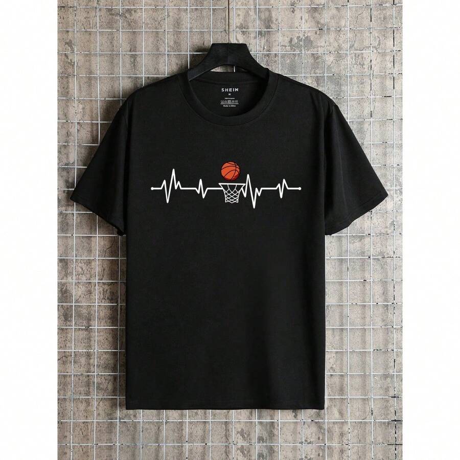 Men's Electrocardiogram & Basketball Print T-Shirt - màu đen - Xem 1