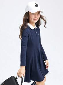 Annil Đầm chữ A thường ngày cho bé gái, đầm tay dài cổ polo kiểu dáng ngọt ngào phù hợp đi học. - Xanh đậm - Xem 2