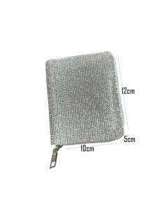 Carteira mini feminina em couro PU com decoração de strass, carteira curta 2 em 1 com zíper e porta-cartões, carteira de mão compacta e charmosa, carteira estilo INS europeu e americano, carteira pequena feminina. - Prata - Ver 3