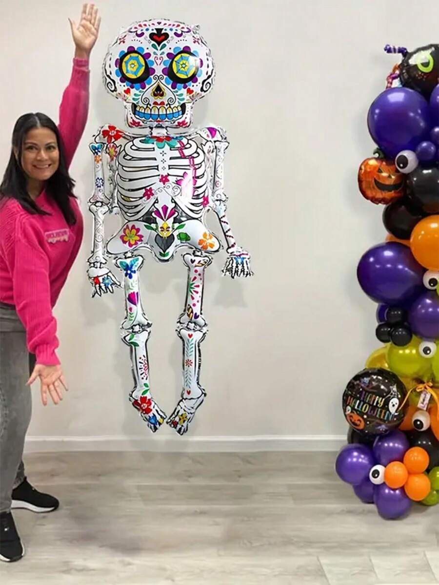 1PC Halloween Skeleton Balloon Day Of The Dead Standing Decor, Helium Self-Sealing, Walkable Design For Halloween Party, Horror Themed Celebrations, And Birthday Pranks, Aluminum Film, Christmas