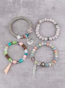4 Stück Set Armreifen im Boho-Stil mit Quastenanhänger und Flügelscheibe, modischer Armschmuck für Frauen